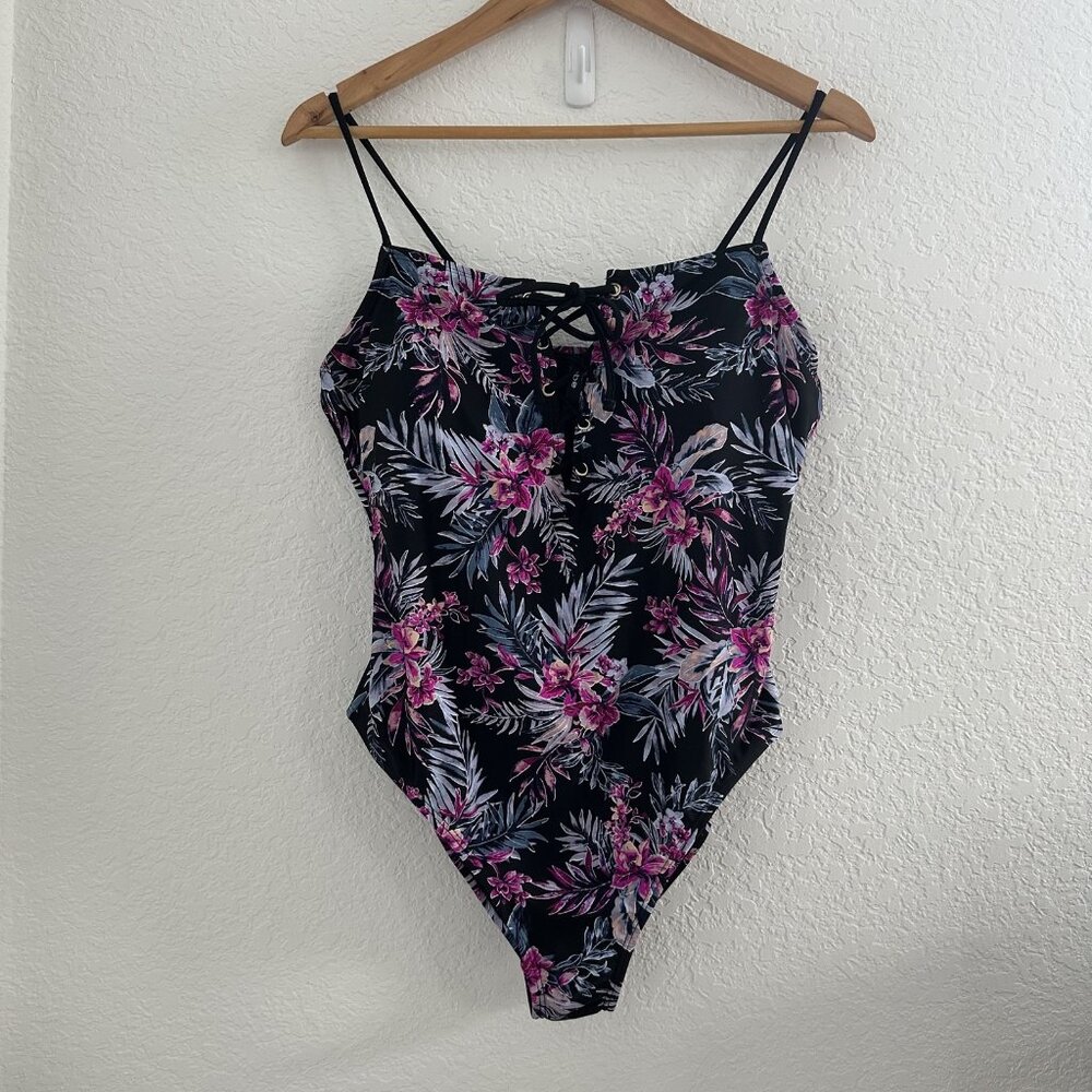 bebe Swimsuit Womens XL‎ Black Pink Floral One Piece Lace Up Front Bathing Suit